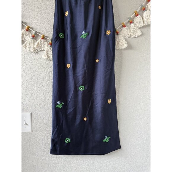Emory Park Satin Silky Slip Midi Skirt Embroidered Ditsy Floral Navy Pull On M - Picture 4 of 8